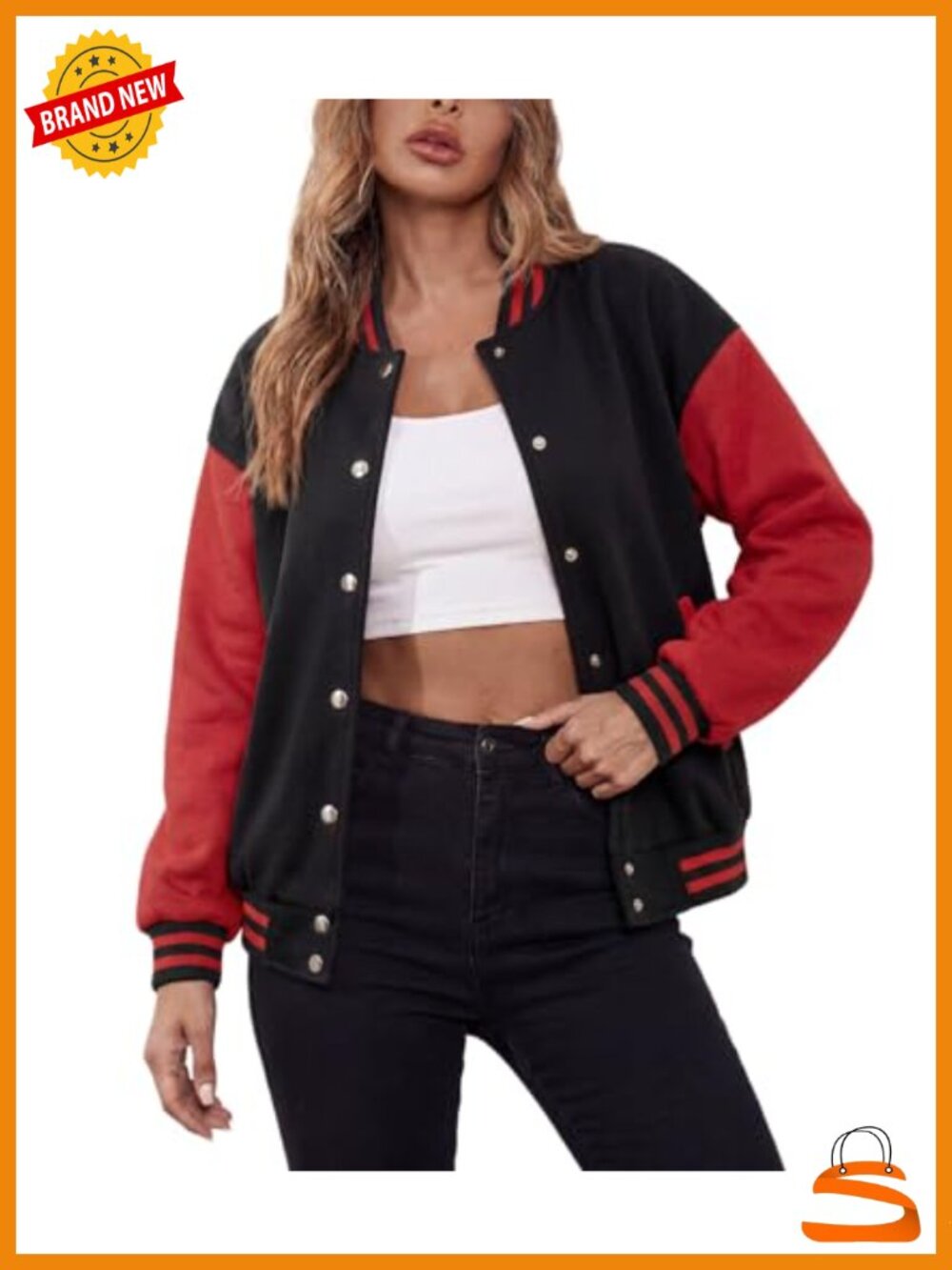 Fleece Varsity Bomber Jacket Relaxed Fit Drop Shoulder Snap Button Women